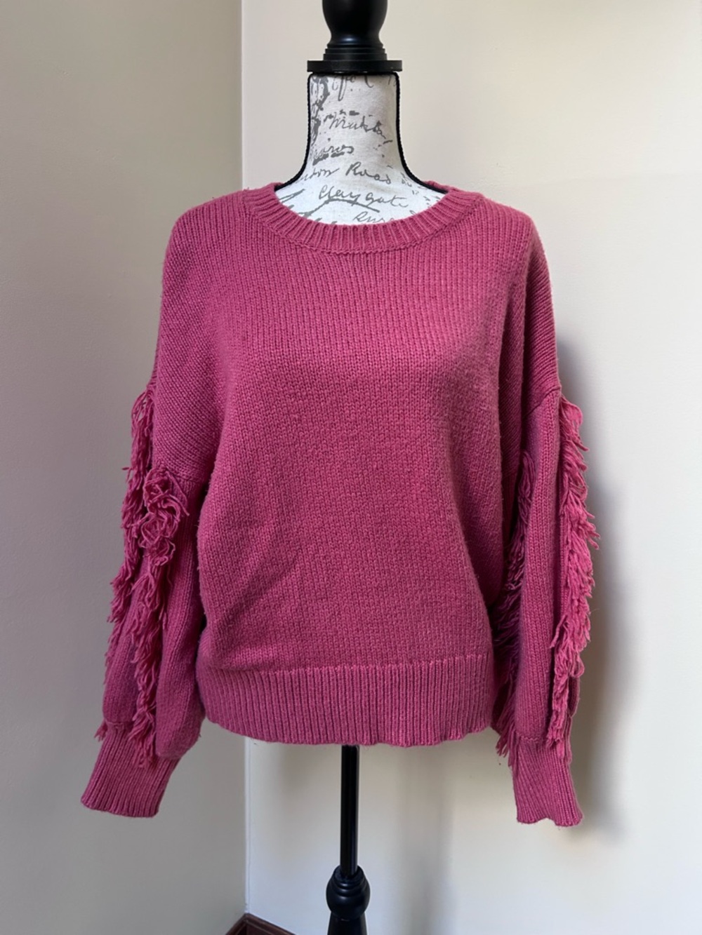 Ann Taylor Raspberry Fringe-Sleeve Crewneck Sweater